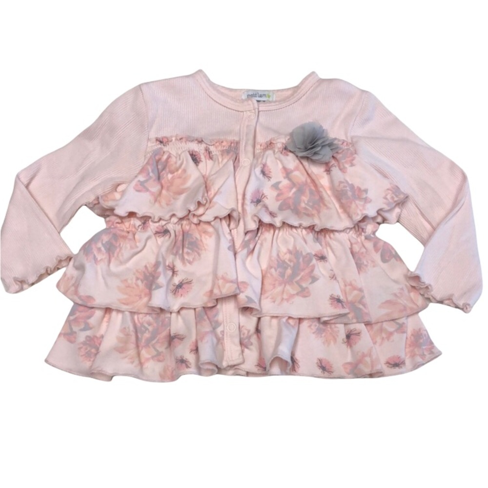 Petit Lem • Pink Floral Ruffle Snap Cardigan - 12 mos